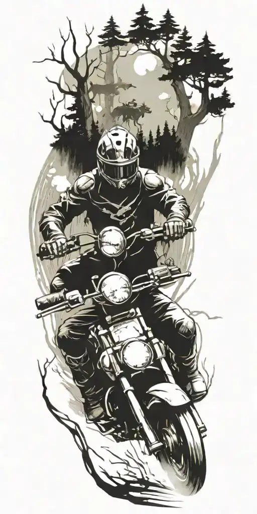 A Sketch Of A Motorcycle Riding Through A Forest With Mythical Creatures In The Background