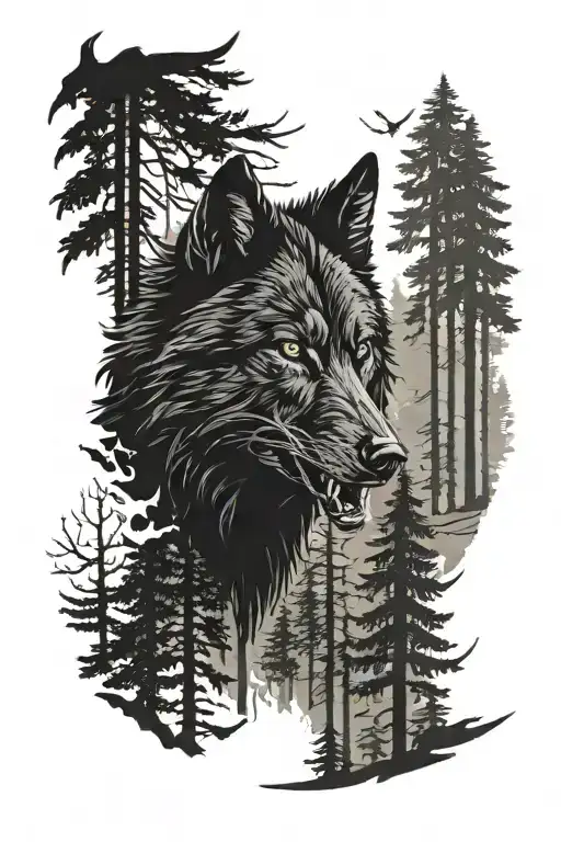 Big Black Wolf In The Forest Trees Background Looking