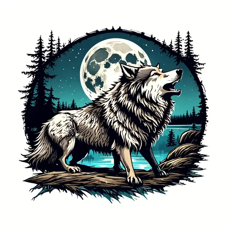 Adult Wolf Howling At The Moon In The Distance With Forest Lake Behind