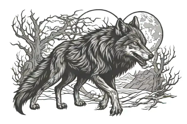 Nordic Wolf Howling Moon