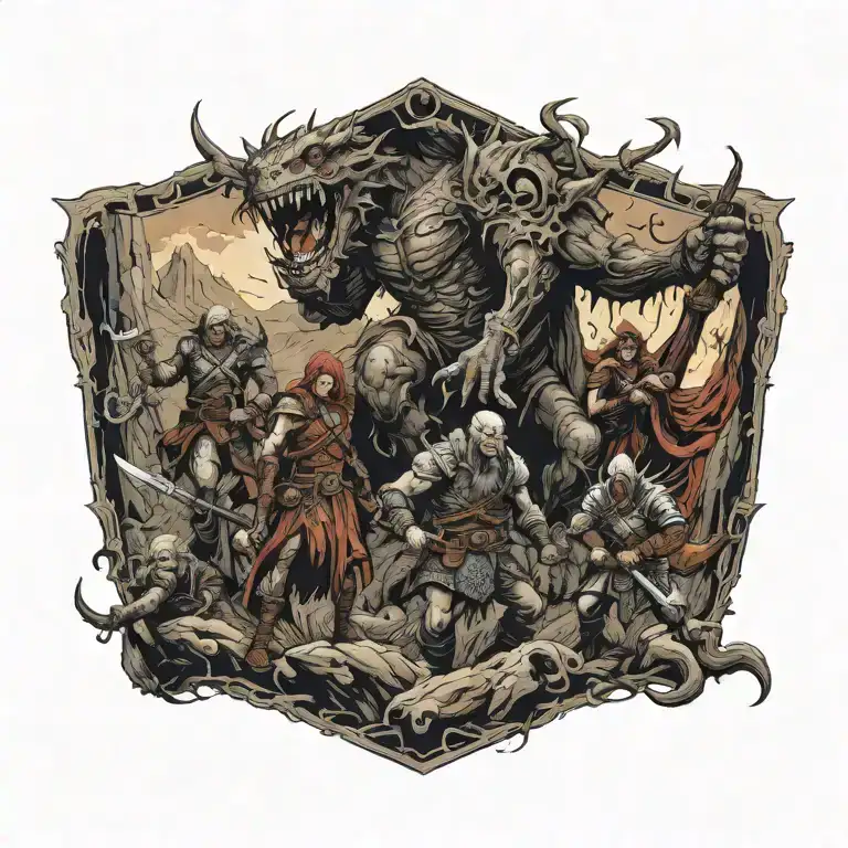 A Group Of Adventurers Battling A Fierce Monster In A Dungeons And Dragons Inspired Landscape