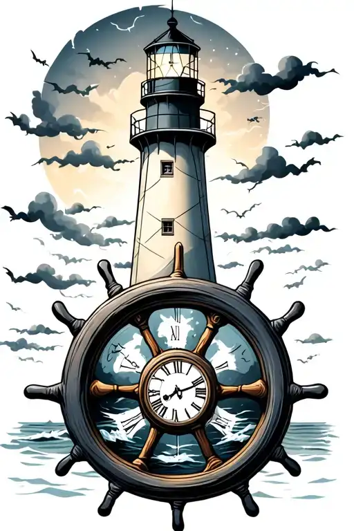 Ships Wheel With Clock Inside On A Lighthouse