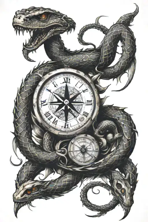 Snake Wrapping Monsters Fight Against Sailors Compass Rose
