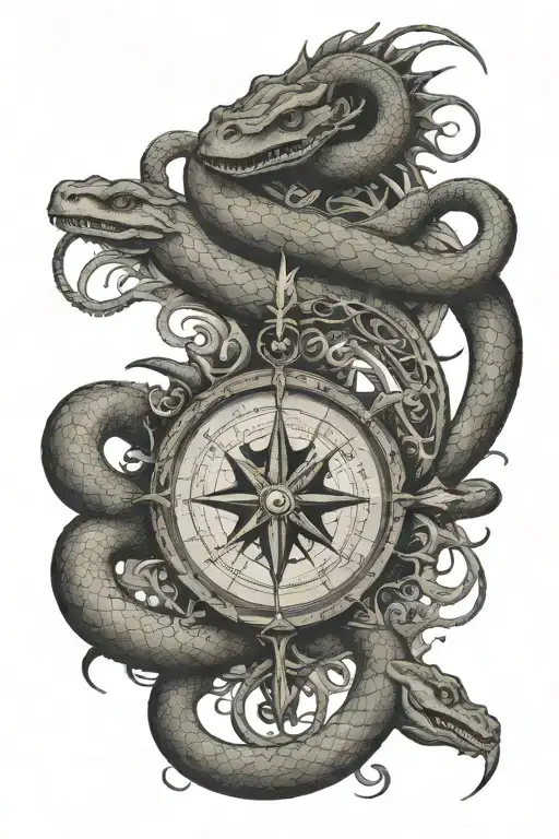 Snake Wrapping Monsters Fight Against Sailors Compass Rose