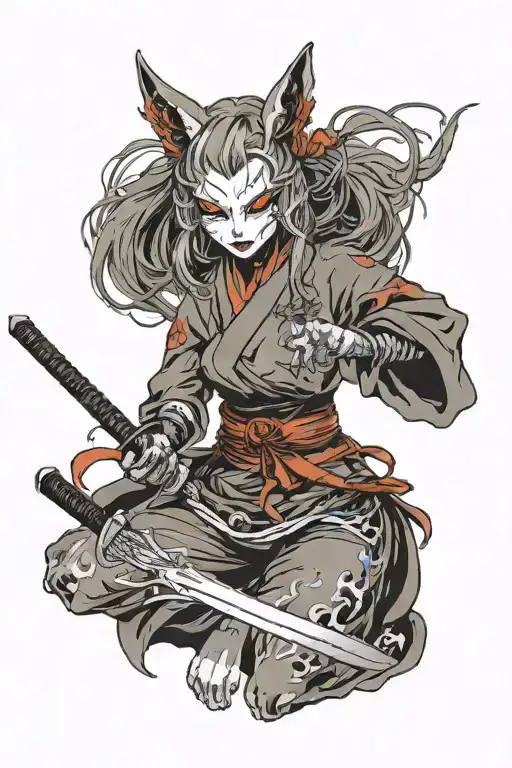 Demonic Antro Kitsune Girl Holding Katana Sword