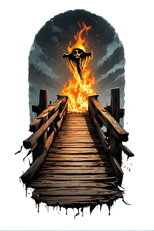 Old Worn Down Wooden Bridge With A Reaper Far Away Nearly Out Of Sight Broken Planks And Fire