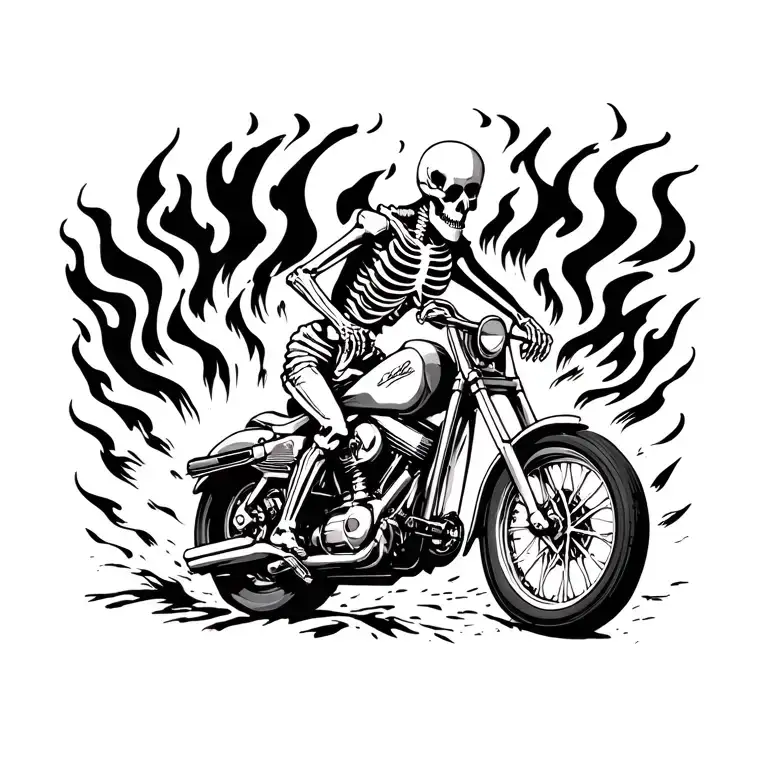 Skeleton Riding A Motorcycle Thru Fire