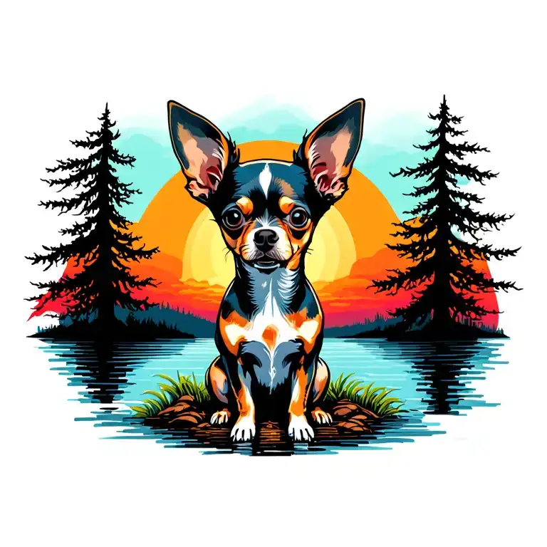Chihuahua Dog Trees Colors Sunset Over Lake