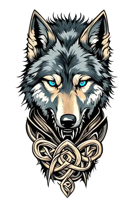 Wolf With Blue Eyes On Armor Tattoo Design Featuring Celtic Trinity Knot