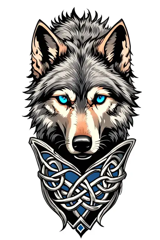 Wolf With Blue Eyes On Armor Tattoo Design Featuring Celtic Trinity Knot