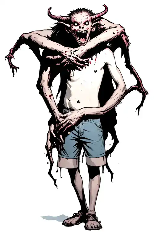 A Boy Standing With A Scary Demon Wrapped Around Him