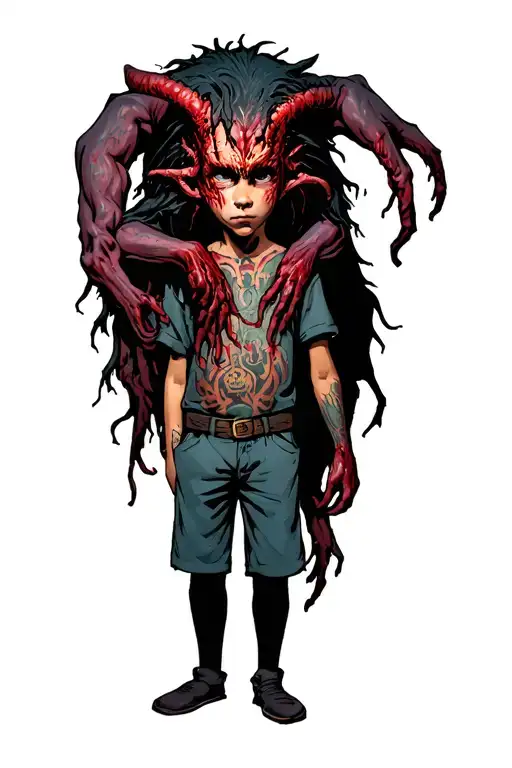A Boy Standing With A Scary Demon Wrapped Around Him