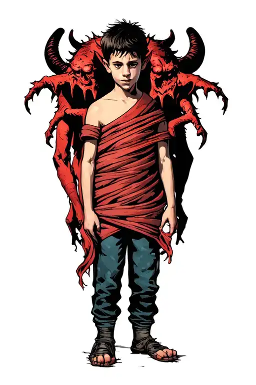 A Boy Standing With A Demon Behind Wrapped Around Him