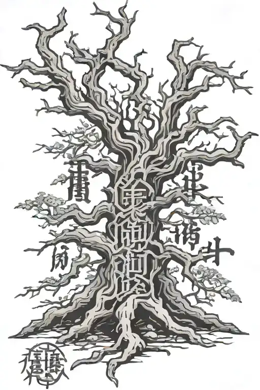 Yggdrasil Tree With Chinese Characters Of Strength And Willpower Written At The Tree Bark