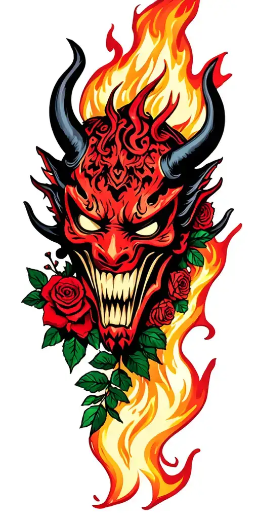 Flowers And Roses Oni Demon Mask With Fire