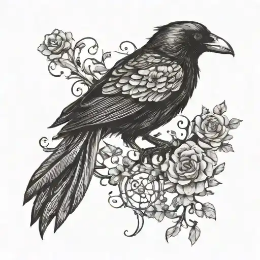 Black Crow With Flowers And Tree Of Life
