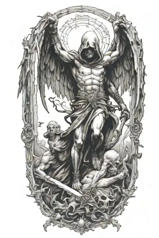 Hooded Arch Angel Defeating A Demon