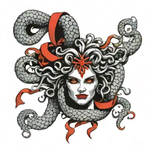 Medusa Gorgon With A Red Ribbon On Her Eyes