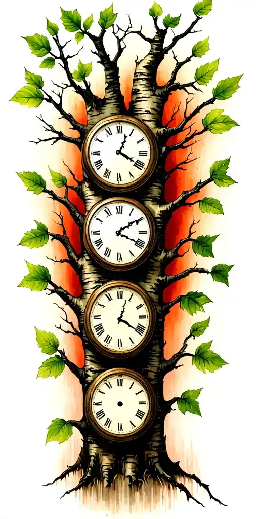 Birch Tree With Green Leaves With Three Clocks On It