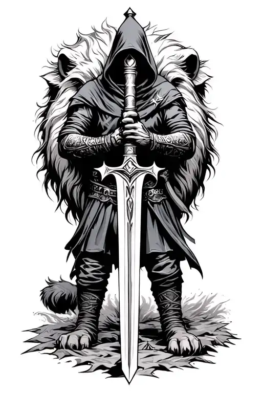 Hooded Assassin With A Unholy Sword In Front Of A Big Lion