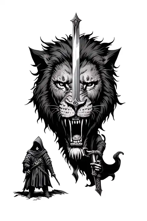 Tiny Hooded Assassin With A Unholy Sword In Front Of A Big Lion Face