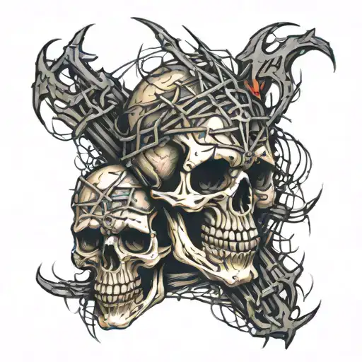 Skull X3 With Barbed Wire And Fire