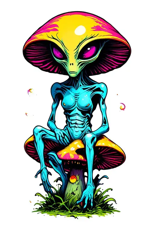 Tall And Thin Psychedelic Alien Sitting On A Mushroom