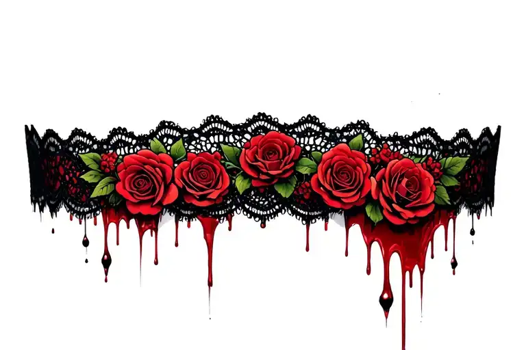 Woman's Lace Choker Dripping Blood And Adorned With Roses And Flowers