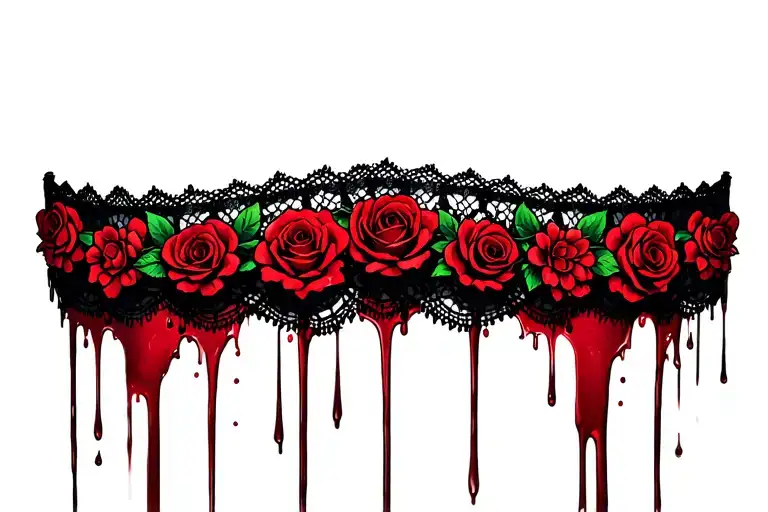 Woman's Lace Choker Dripping Blood And Adorned With Roses And Flowers