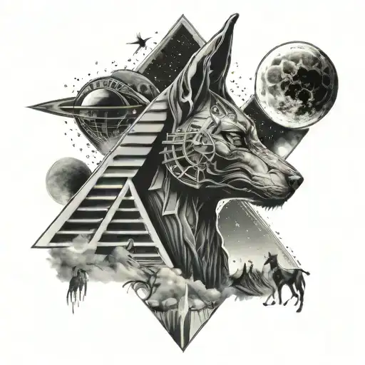 Anubis With Pyramids And Planets In The Sky Background