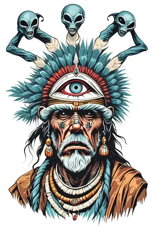 Shaman Side Face With Piercings And With Third Eye Surrounded By Alien Beings Around His Head