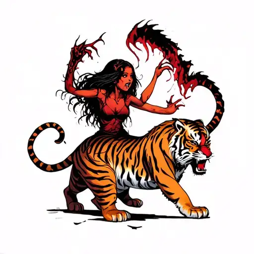 Demon Girl Attacking Tiger Surrounded
