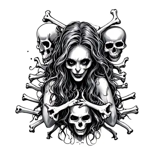 Evil Woman Surrounded By Bones And Skulls