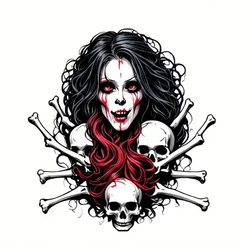 Evil Woman Surrounded By Bones And Skulls