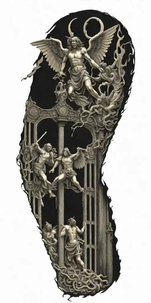 Angels Going Through Gates Of Heaven While Fighting Demons Trapped In Hell