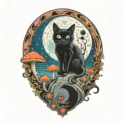 Moon With Black Cat And Colorful Mushrooms