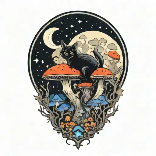 Moon With Black Witch Cat And Colorful Mushrooms Growing