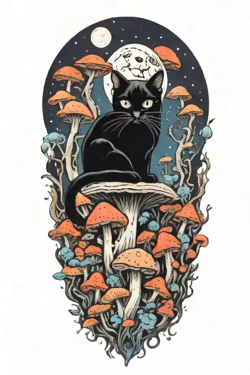 Black Cat And Trippy Colorful Mushrooms With Moon