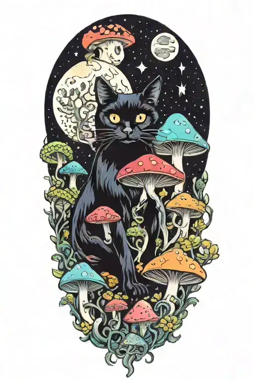 Black Cat And Trippy Colorful Mushrooms With Moon