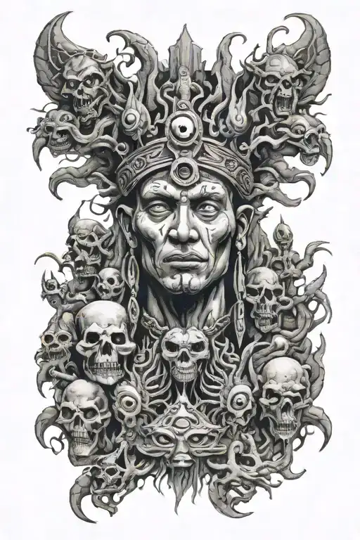 Shaman Face With Third Eye Surrounded By Alien Beings Around His Head