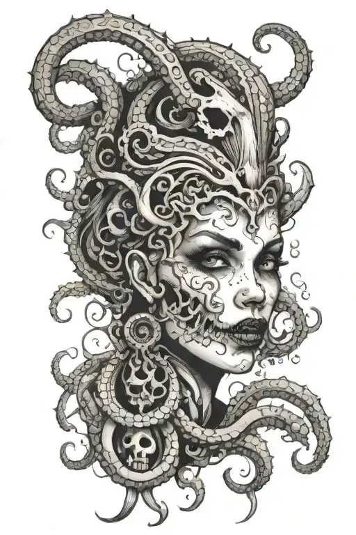 Mythical Goddess Face Having Sharp Teeth And Tentacles And Skull Necklace Having Cosmic Knowledge