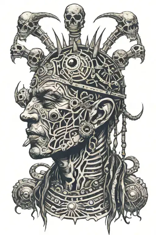 Shaman Side Face With Piercings And With Third Eye Surrounded By Alien Beings Around His Head