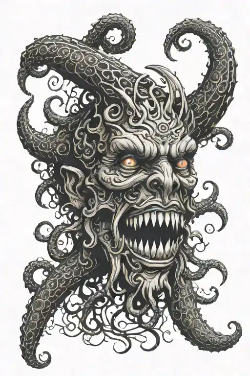 Mythical God Face Having Sharp Teeth And Tentacles