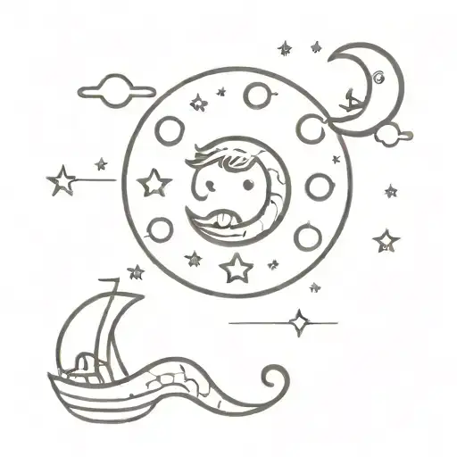 A Cute Retro Animated Tattoo Of The Moon And Sea