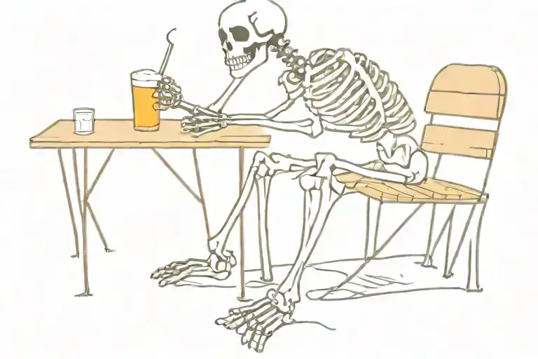 An Skeleton Drinking A Beer On A Bench And Smoking A Cigarette