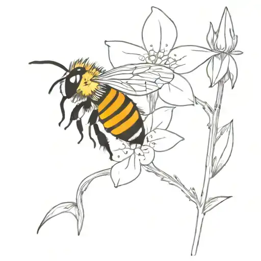 A Minimalist Tattoo Of A Honey Bee Perched On A Larkspur Flower