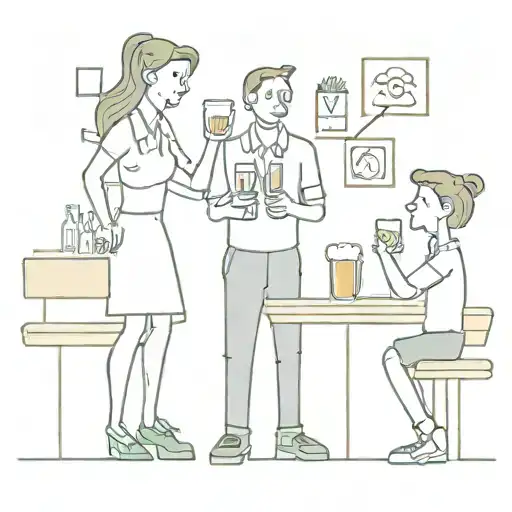 A Waitress Serving Beer At A Bar To A Group Of Thirsty Man In A Typical Waitress Look