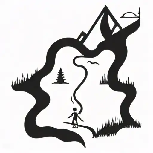 A Minimalist Tattoo Of A Winding Hiking Trail Leading Up To A Single Eye At The Peak Of A Mountain