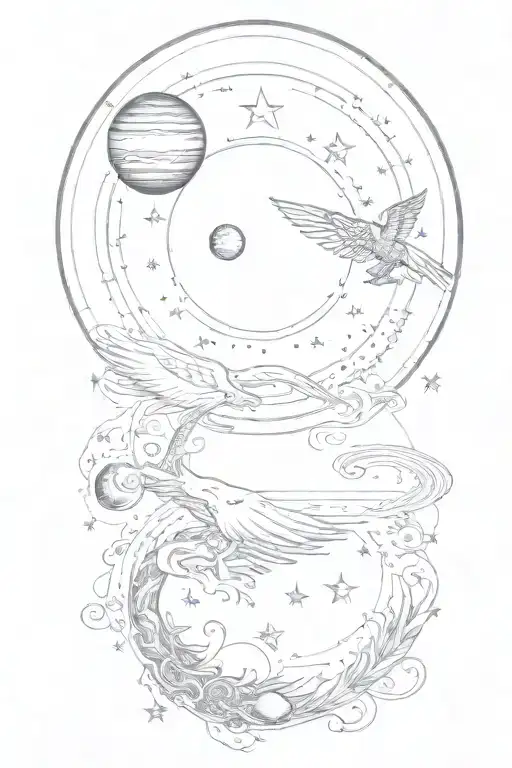 Sun And Moon With Saturn And A Phoenix