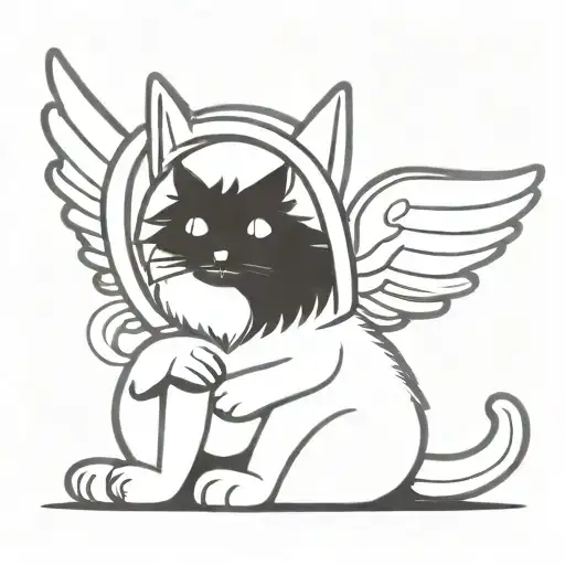 Sitting Striped Fluffy Cat Witch Angel Wings And Halo